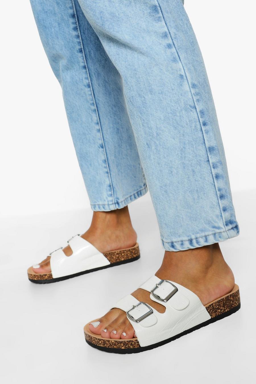 White Double Buckle Croc Footbed Slider image number 1