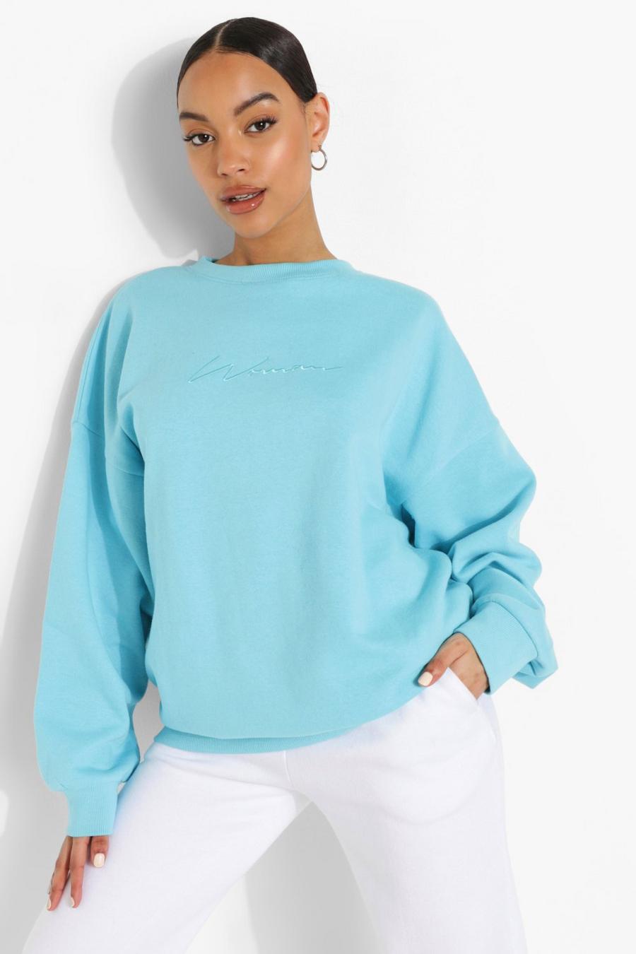 Turquoise Oversized Embroidered Woman Script Sweatshirt