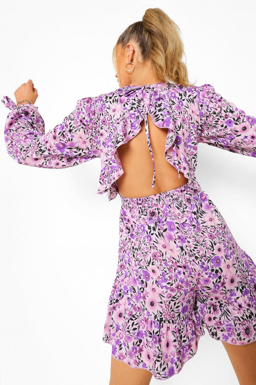 Lilac Floral Tie Sleeve Open Back Romper