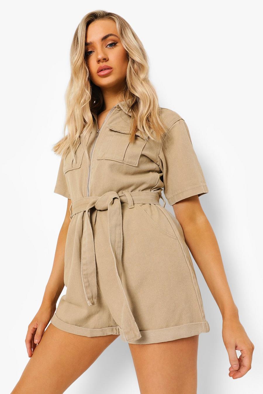 Utility Denim-Playsuit mit Gürtel, Taupe