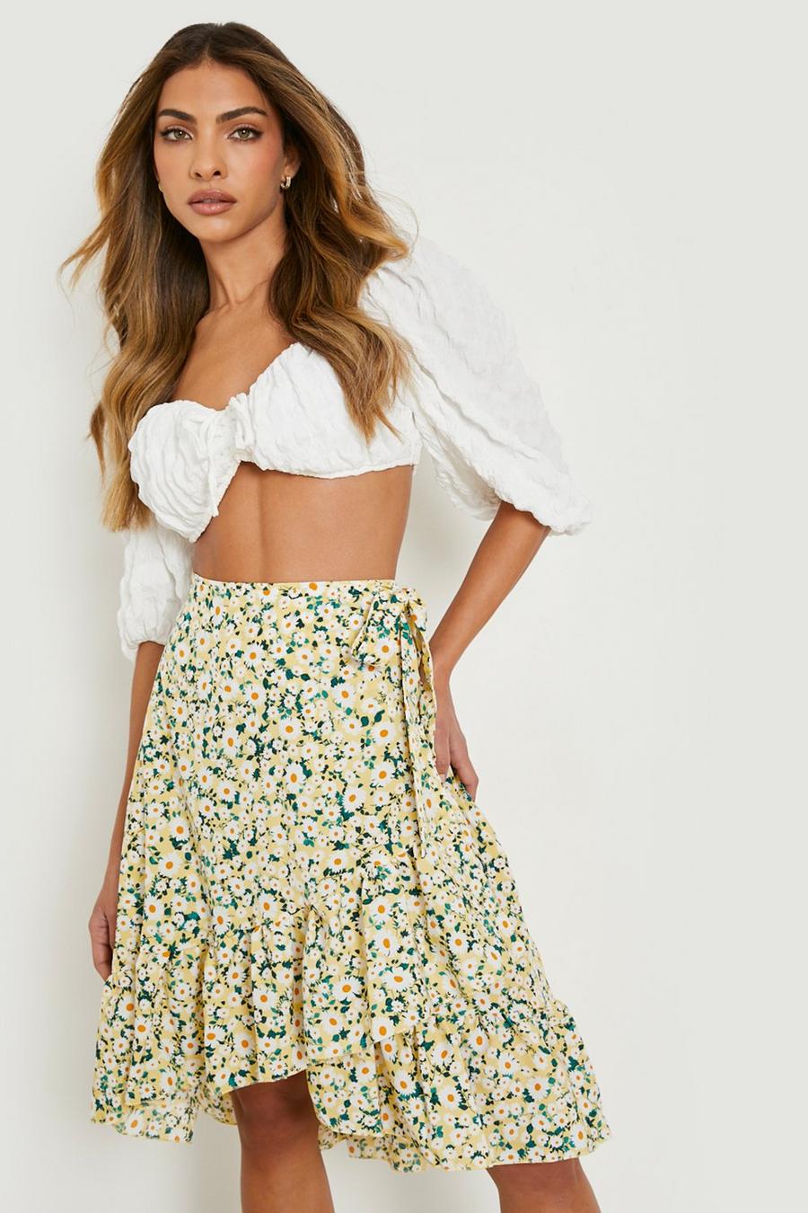 Lemon Daisy Floral Woven Frill Wrap Midi Skirt