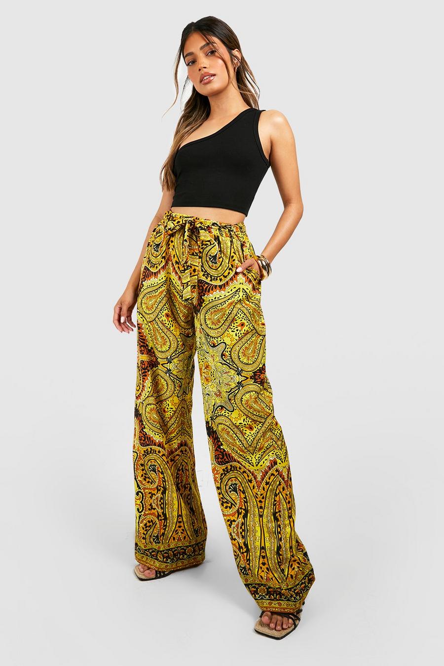 Mustard Scarf Print Woven Wide Leg Trousers image number 1