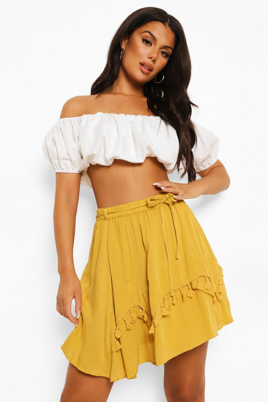 Mustard Cheesecloth Tiered Frill Skater Skirt