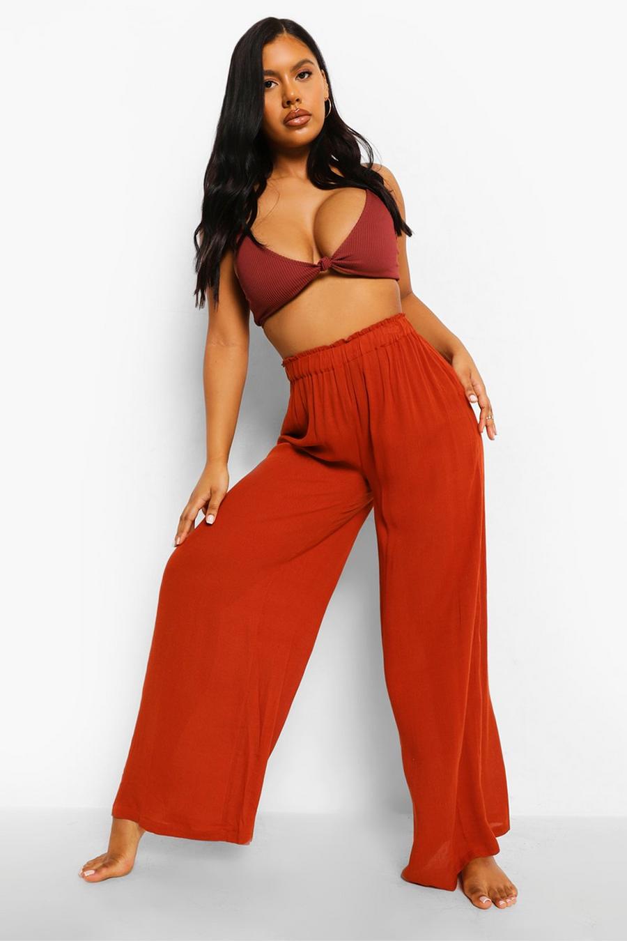 Brick Cheesecloth Shirred Waist Wide Leg Pants