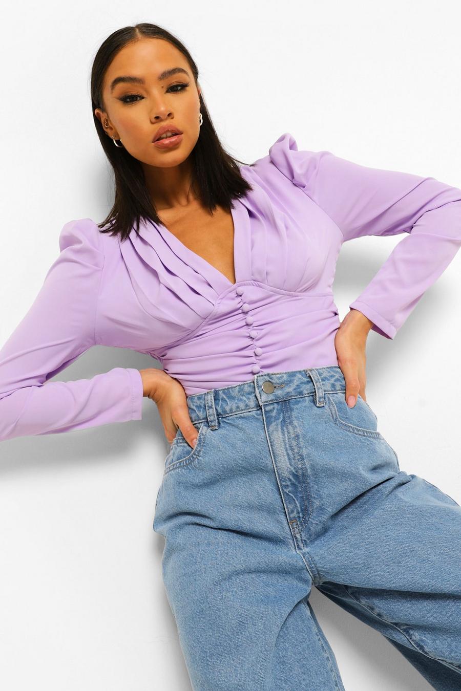 Lilac Button Up Ruched Blouse