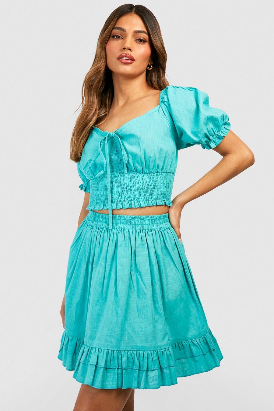 Emerald Shirred Puff Sleeve Top & Ruffle Hem Skirt