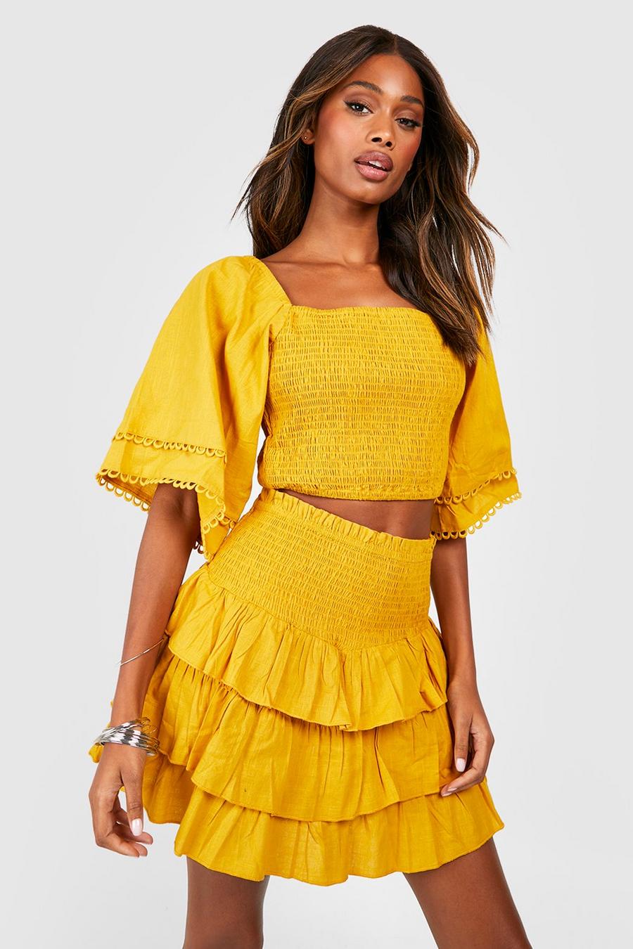 Mustard Linen Look Shirred Top & Rara Skirt