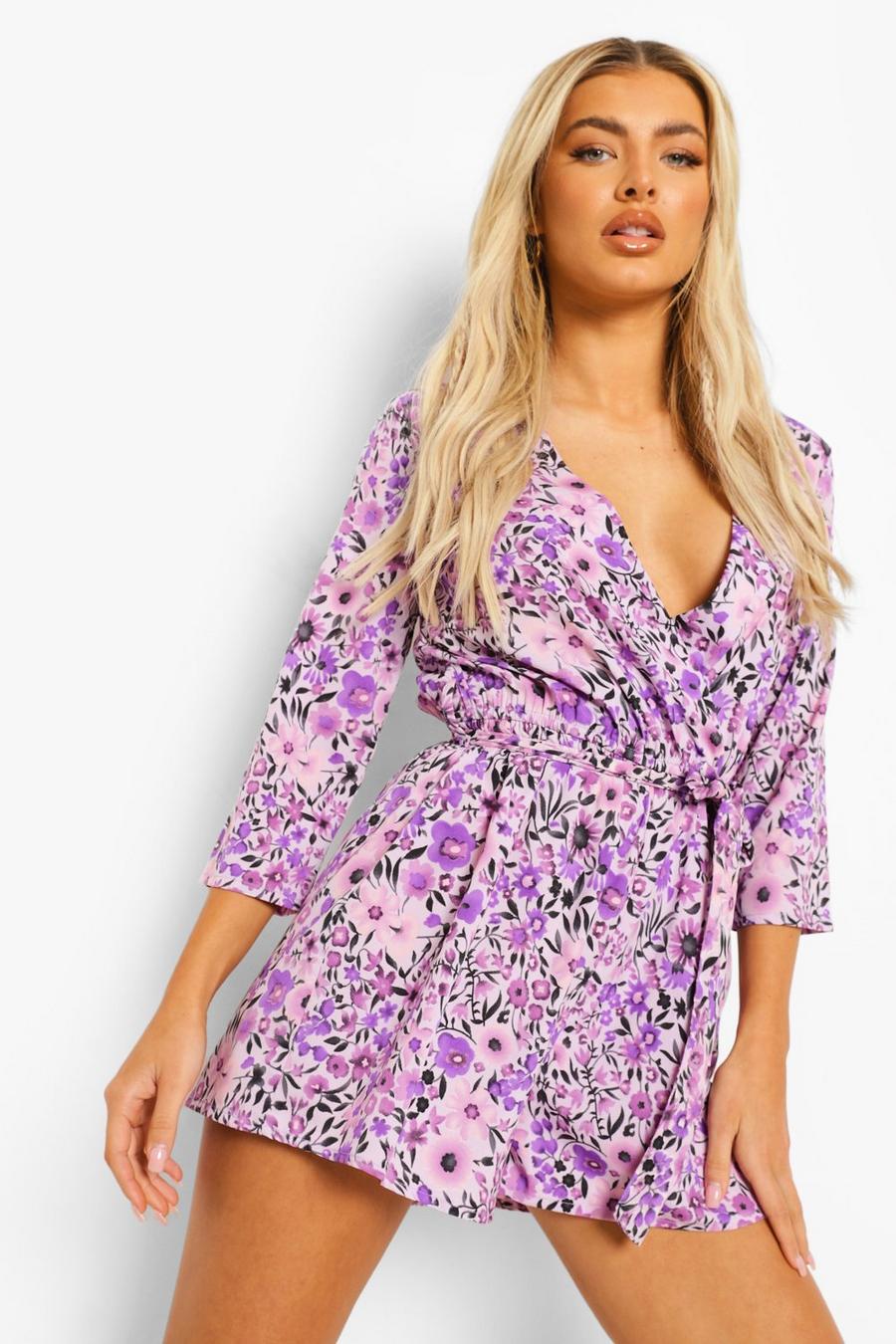 Lilac Ditsy Floral Wrap Front Belted Romper