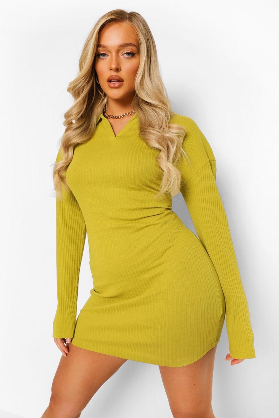 Olive Rib Open Collar Bodycon Mini Dress