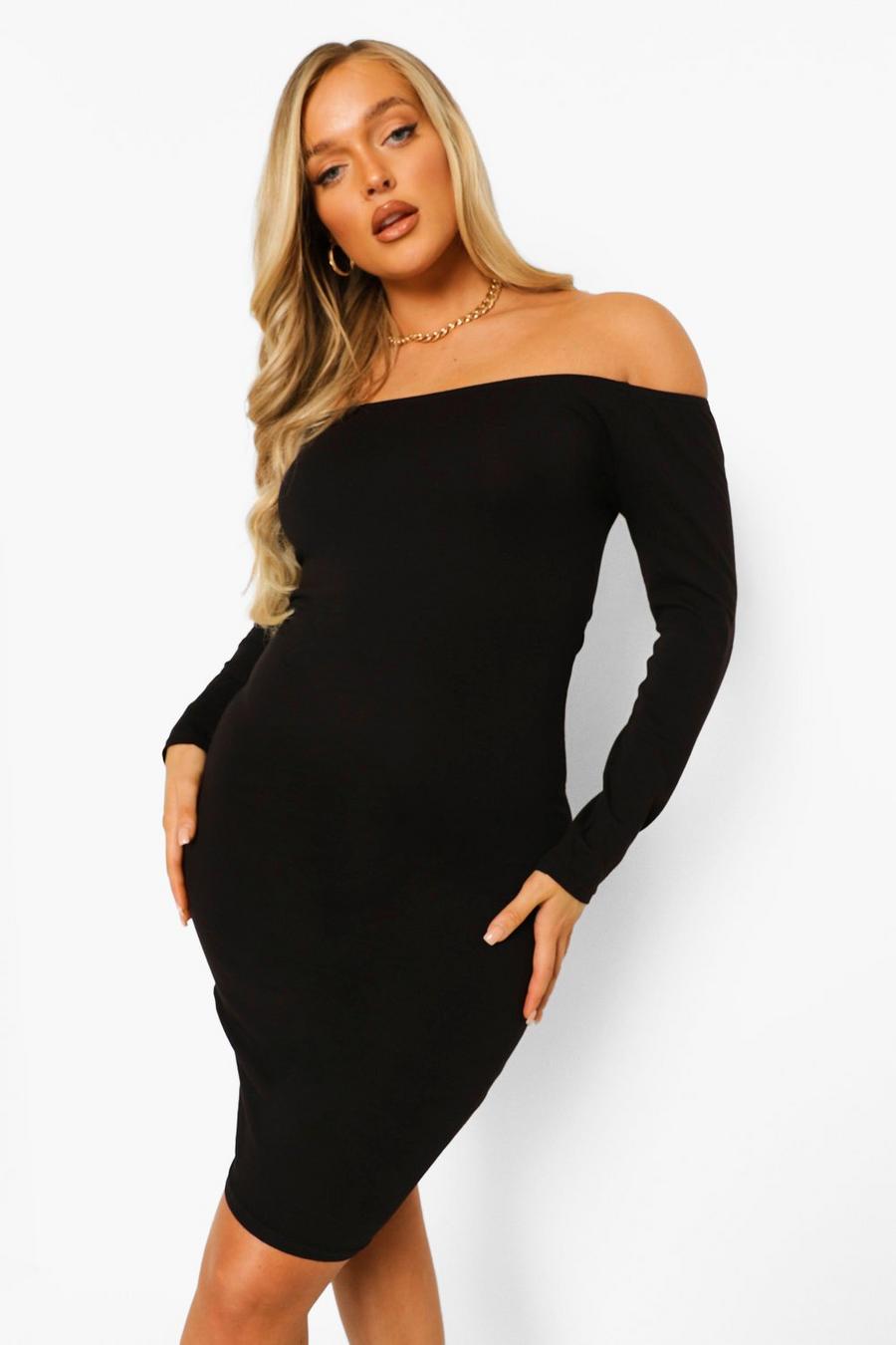 Black Basic Bardot Long Sleeve Midi Dress