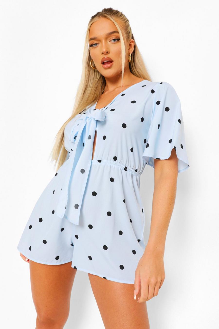 Blue Polka Dot V Neck Tie Front Romper