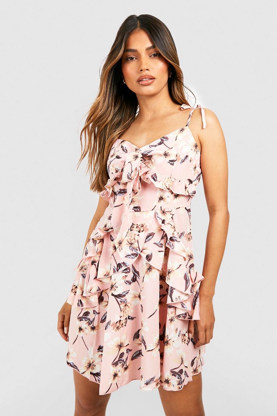Light pink Floral Tiered Ruffle Tie Detail Swing Dress