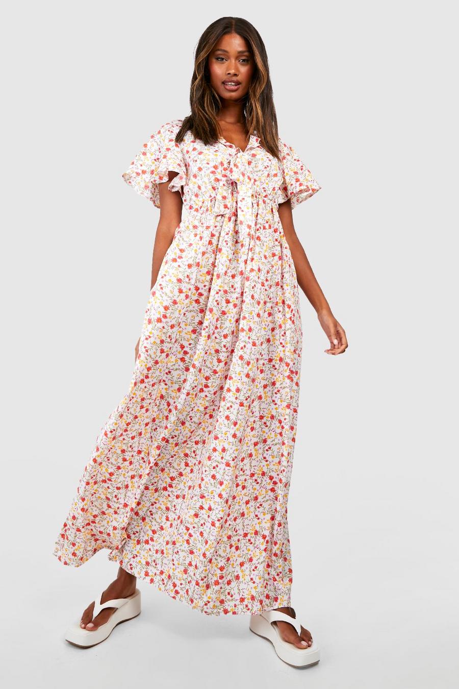 White Floral Frill Sleeve Plunge Maxi Dress
