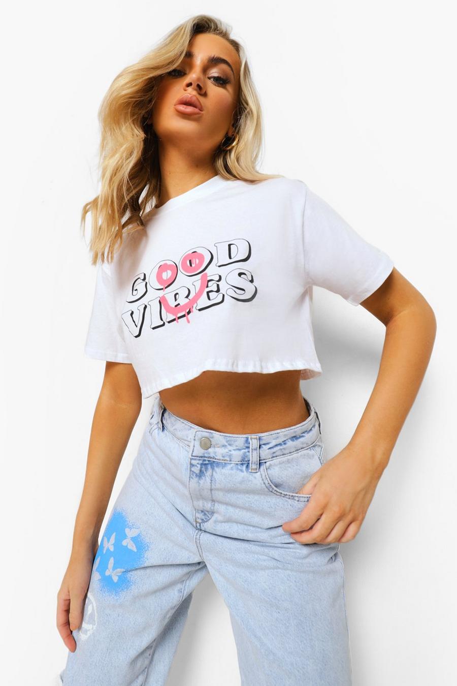 White Good Vibes Cropped T Shirt
