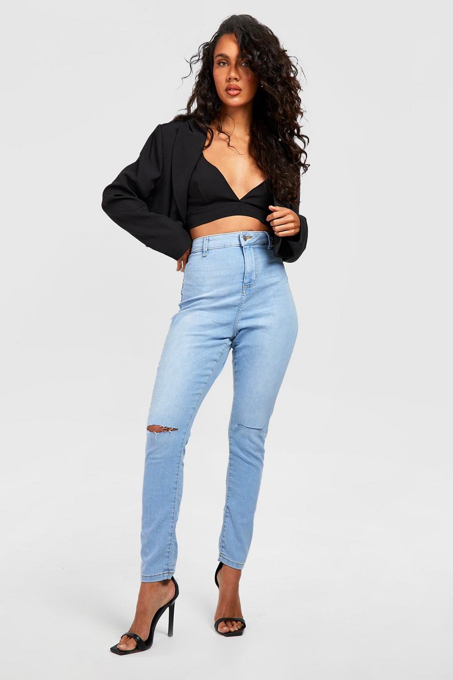 Jeans Basics a vita alta Skinny Fit stile Disco con strappi, Light blue