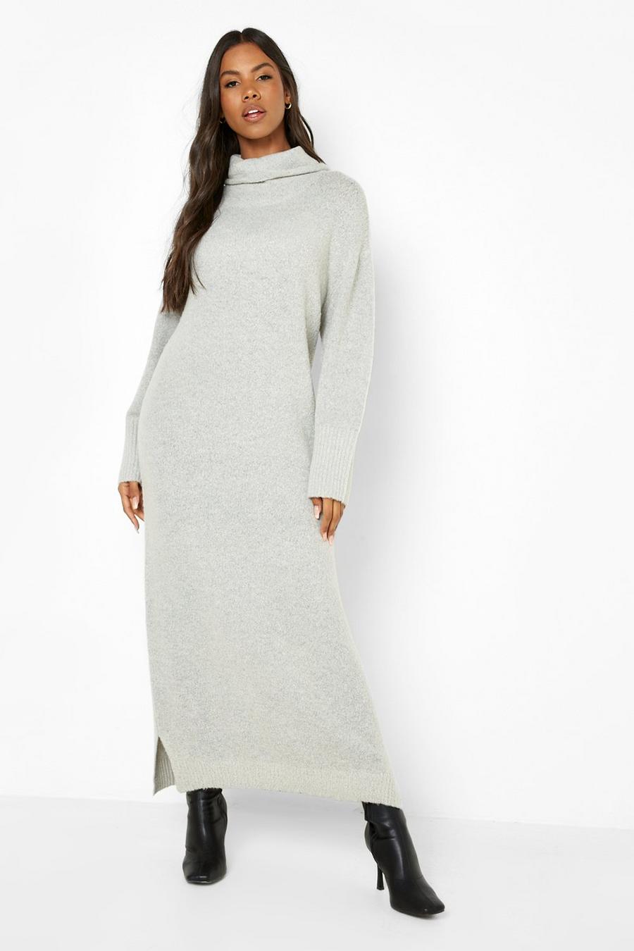 Grey Cowl Neck Midi Knitted Dress