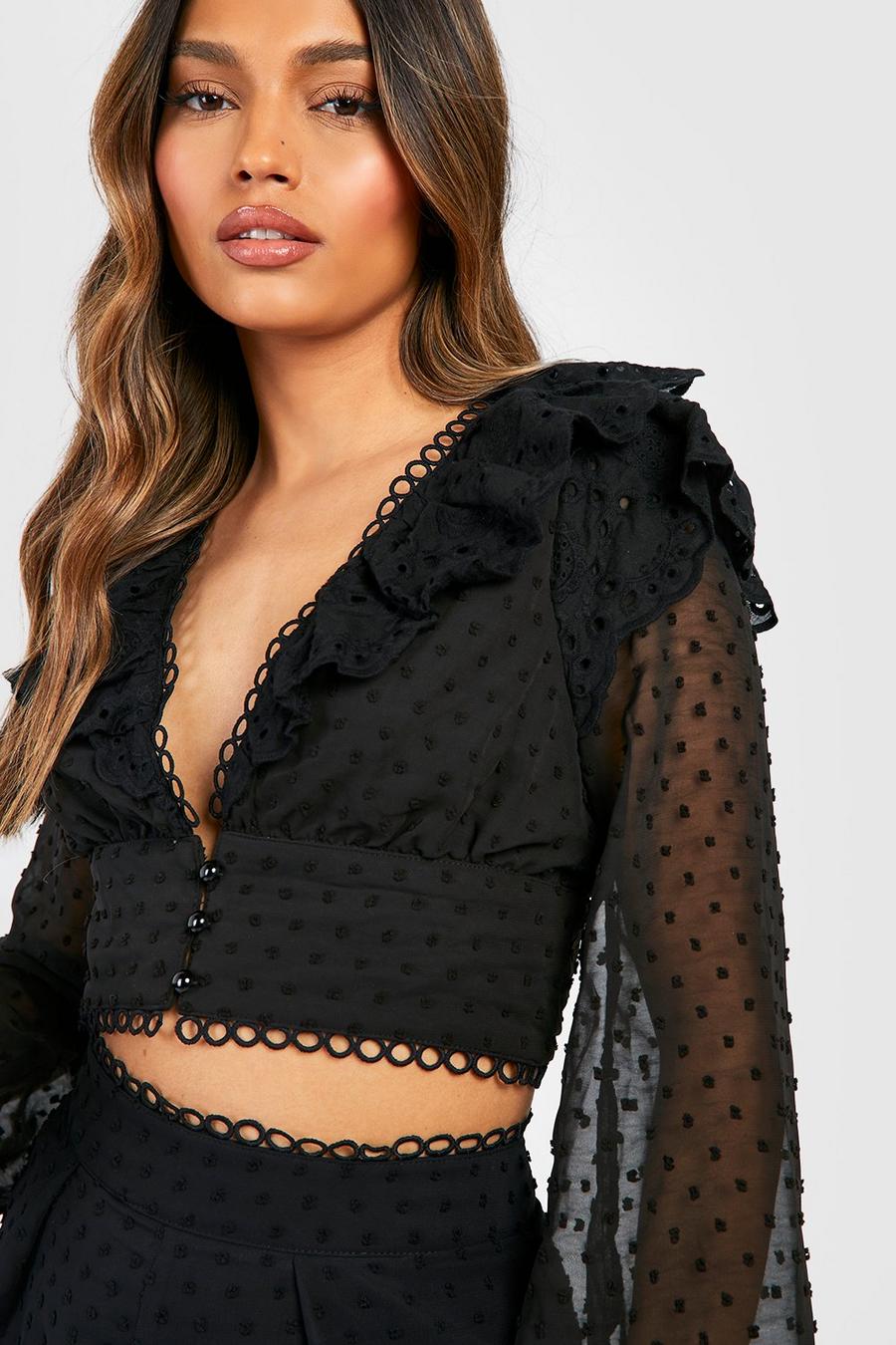 Black Dobby Broderie Ruffle Blouse image number 1