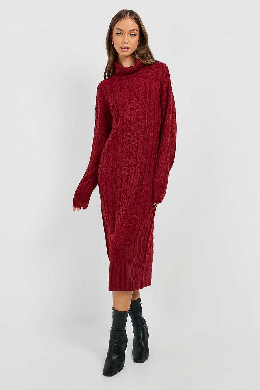 Dark red Cable Knit Turtleneck Midi Dress