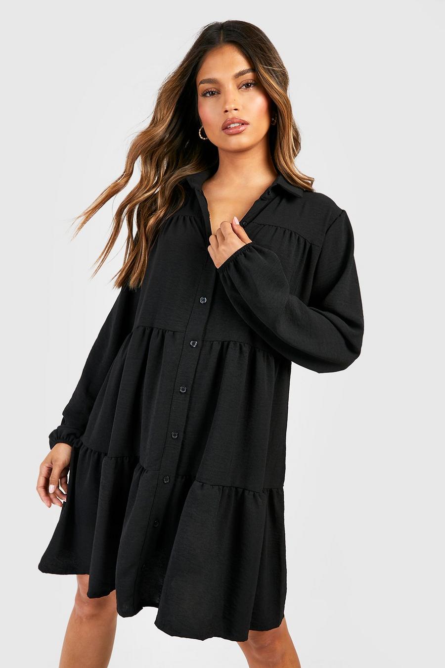 Black Tiered Smock Shirt Dress image number 1