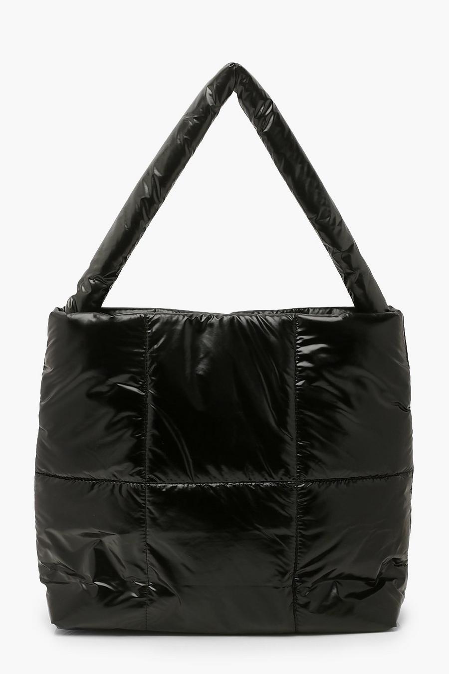 Black Gewatteerde Nylon Tote Bag Met Stiksels