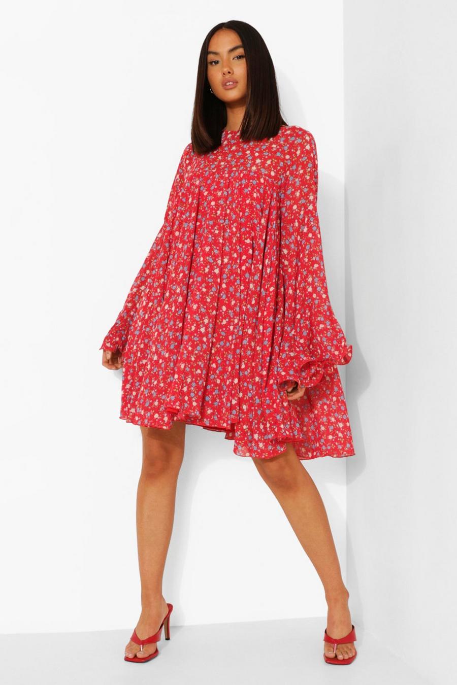 Red Floral Print Pleated Detail Smock Dress