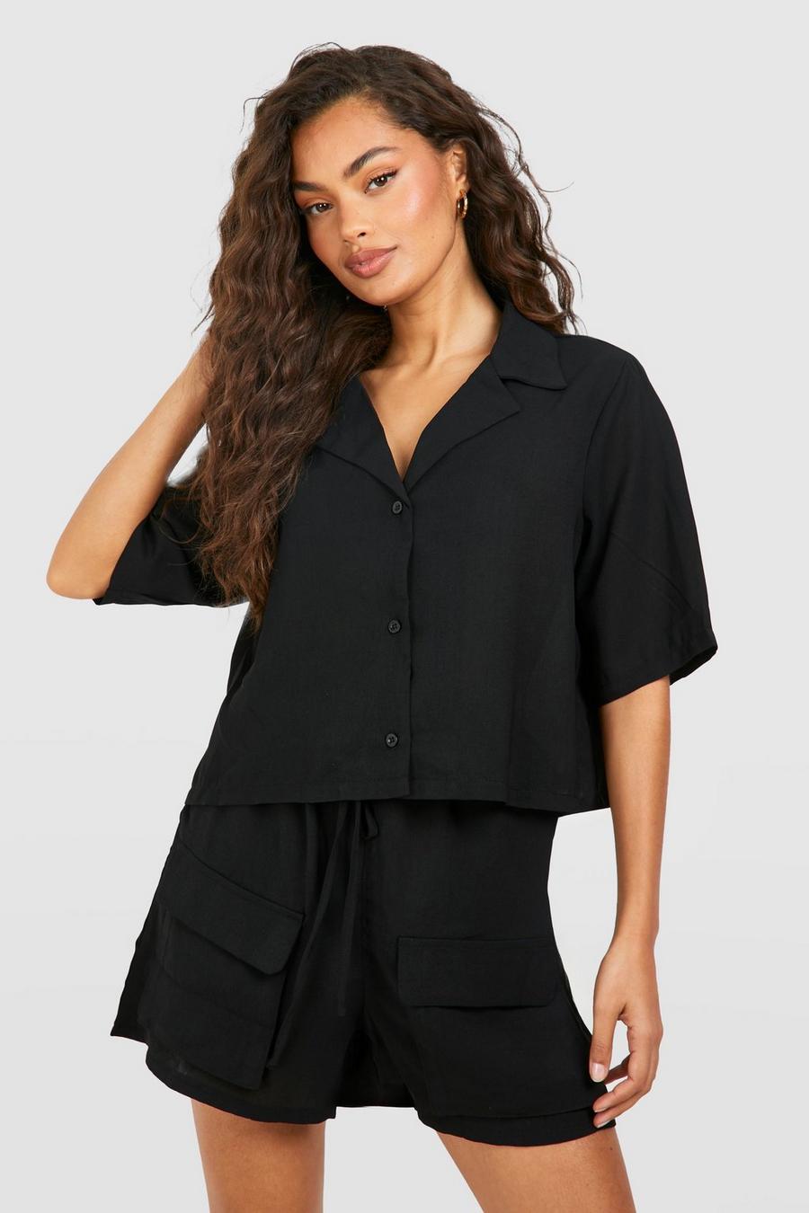 Black Cheesecloth Cropped Shirt & Shorts Set