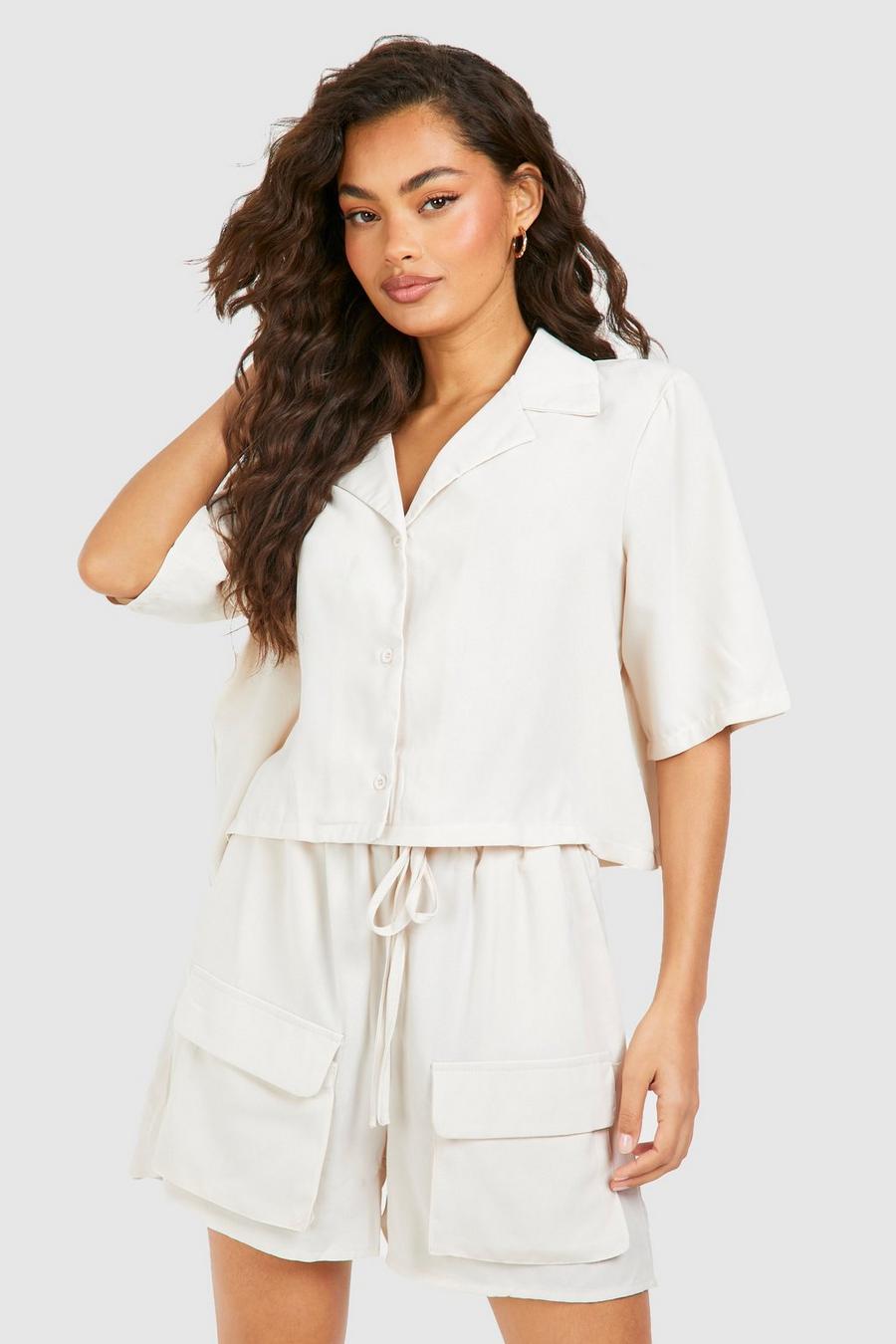 Cream Cheesecloth Cropped Shirt & Shorts Set image number 1