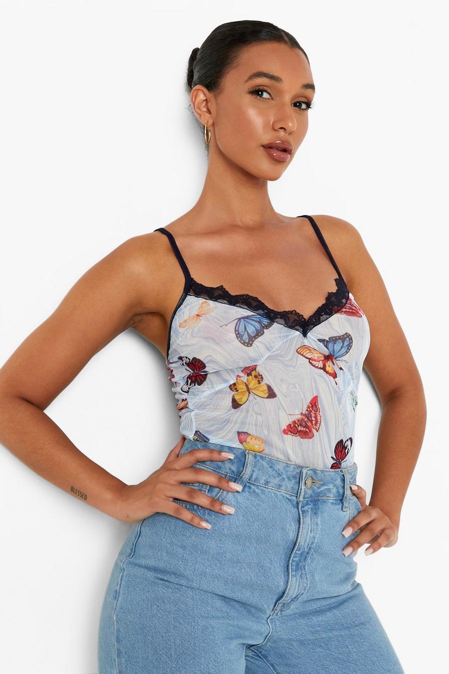 Blue Mesh Lace Trim Butterfly Print Camisole