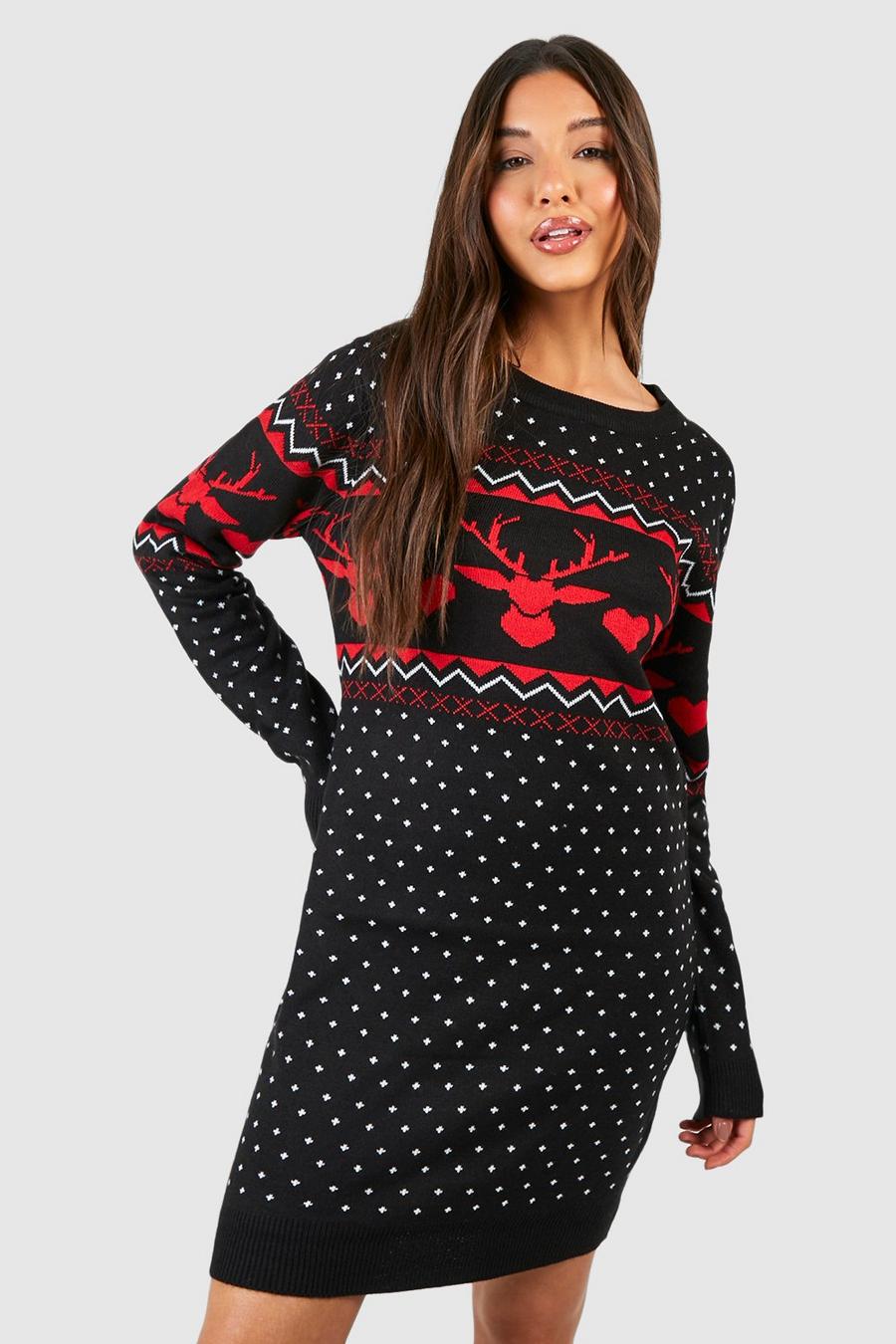 Vestito natalizio in maglia con cuori e motivi Fair Isle, Black image number 1