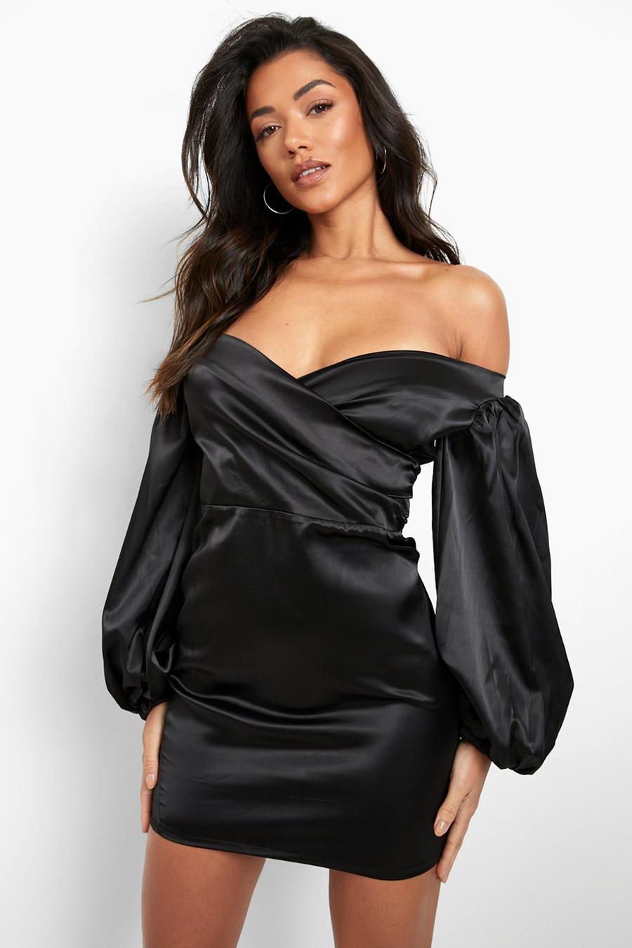 Black Bardot Blouson Sleeve Wrap Mini Dress
