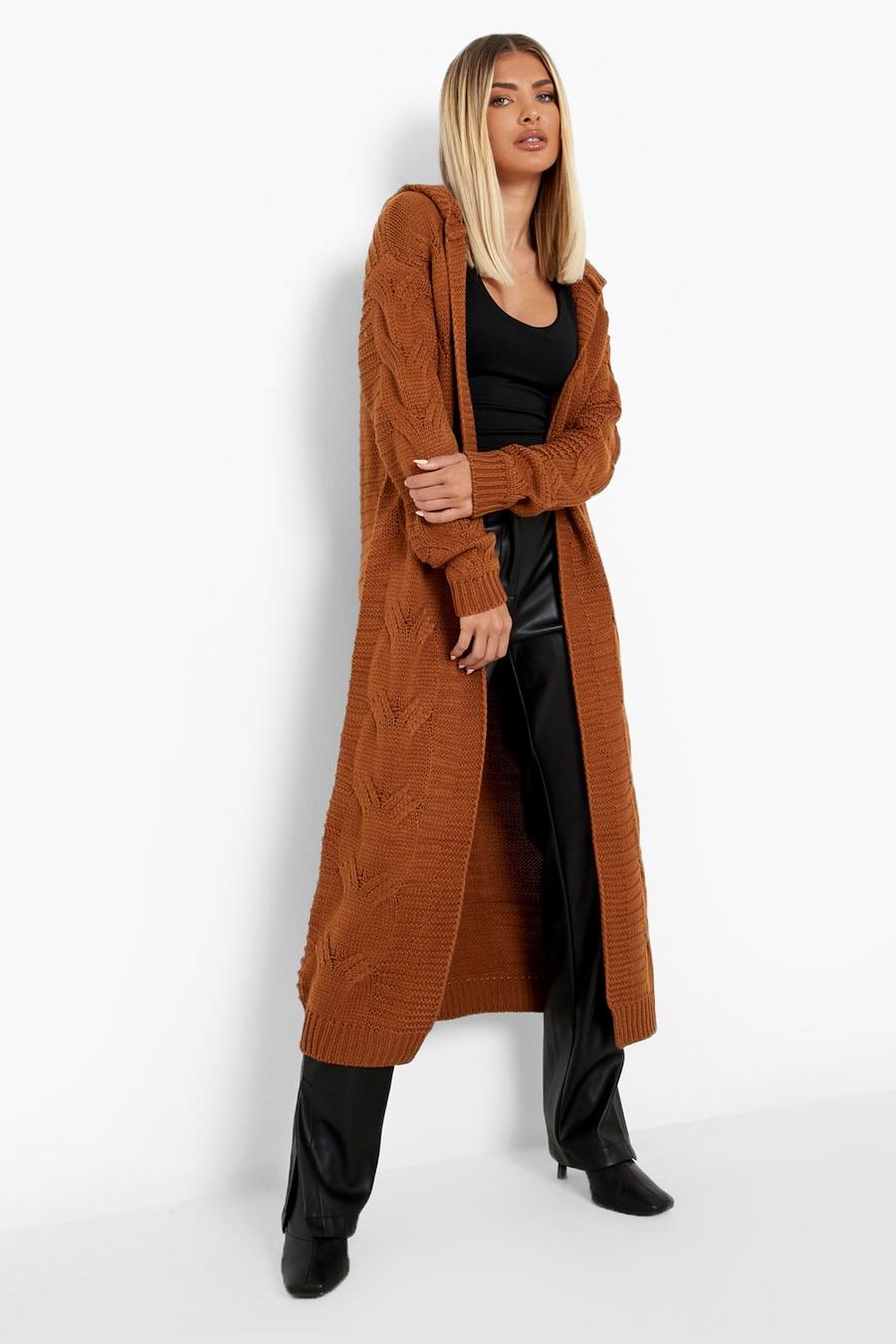 Chestnut Cable Hooded Maxi Cardigan