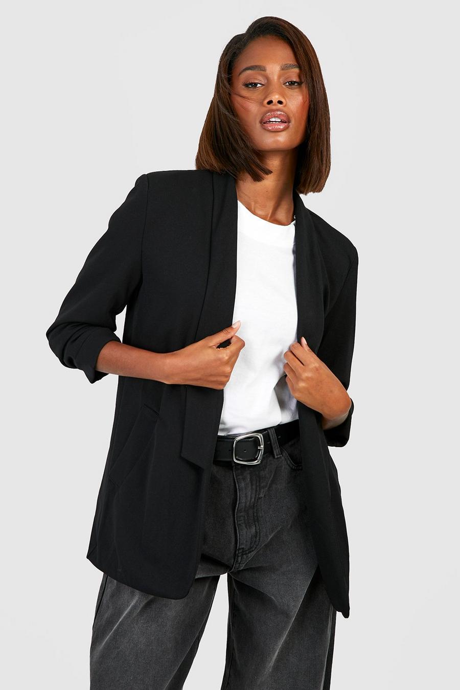 Black Ruched Sleeve Jersey Knit Tailored Blazer
