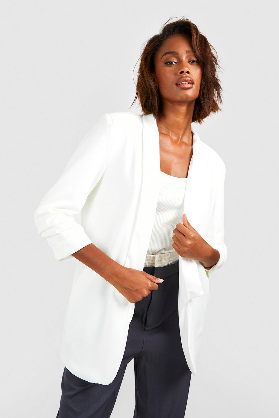 Ivory Ruched Sleeve Jersey Knit Tailored Blazer