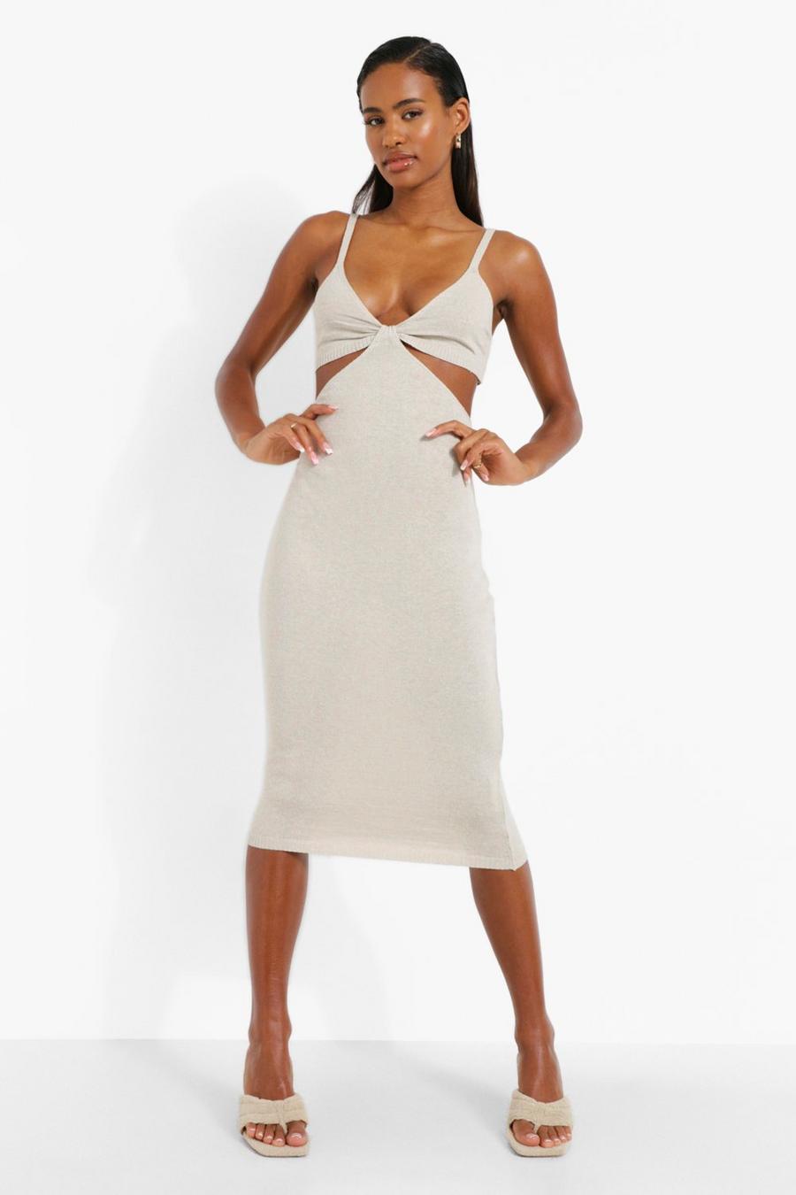 Stone Cut Out Halter Knitted Midi Dress