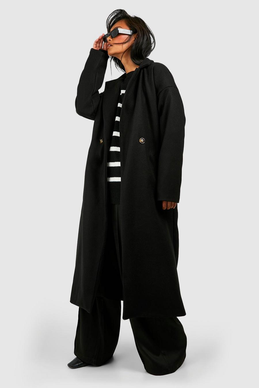 Zweireihiger Mantel in Wolloptik mit Gürtel, Black