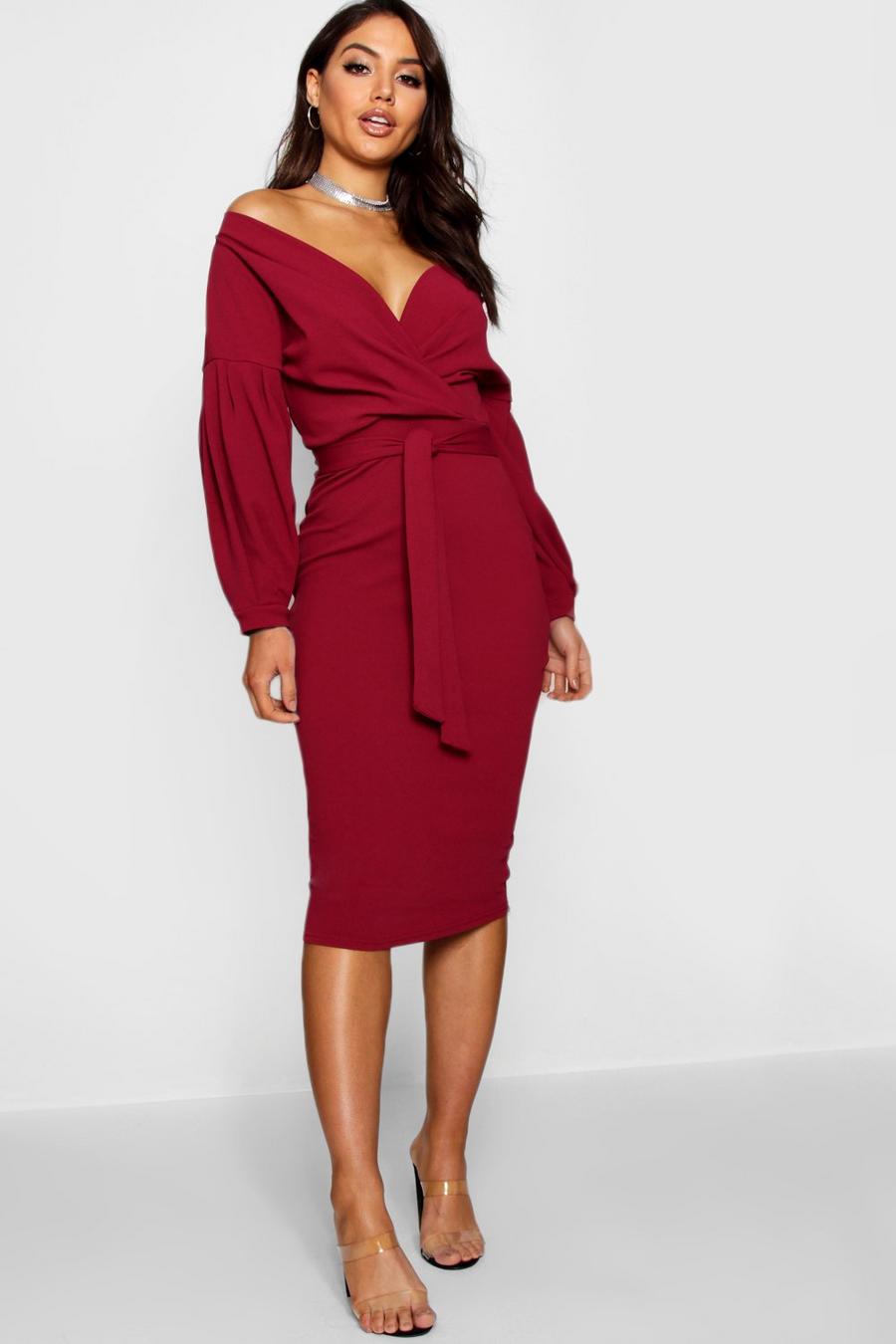 Berry Recycled Off The Shoulder Wrap Midi Dress