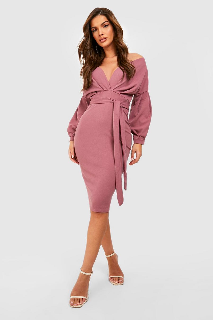 Mink Recycled Off The Shoulder Wrap Midi Dress