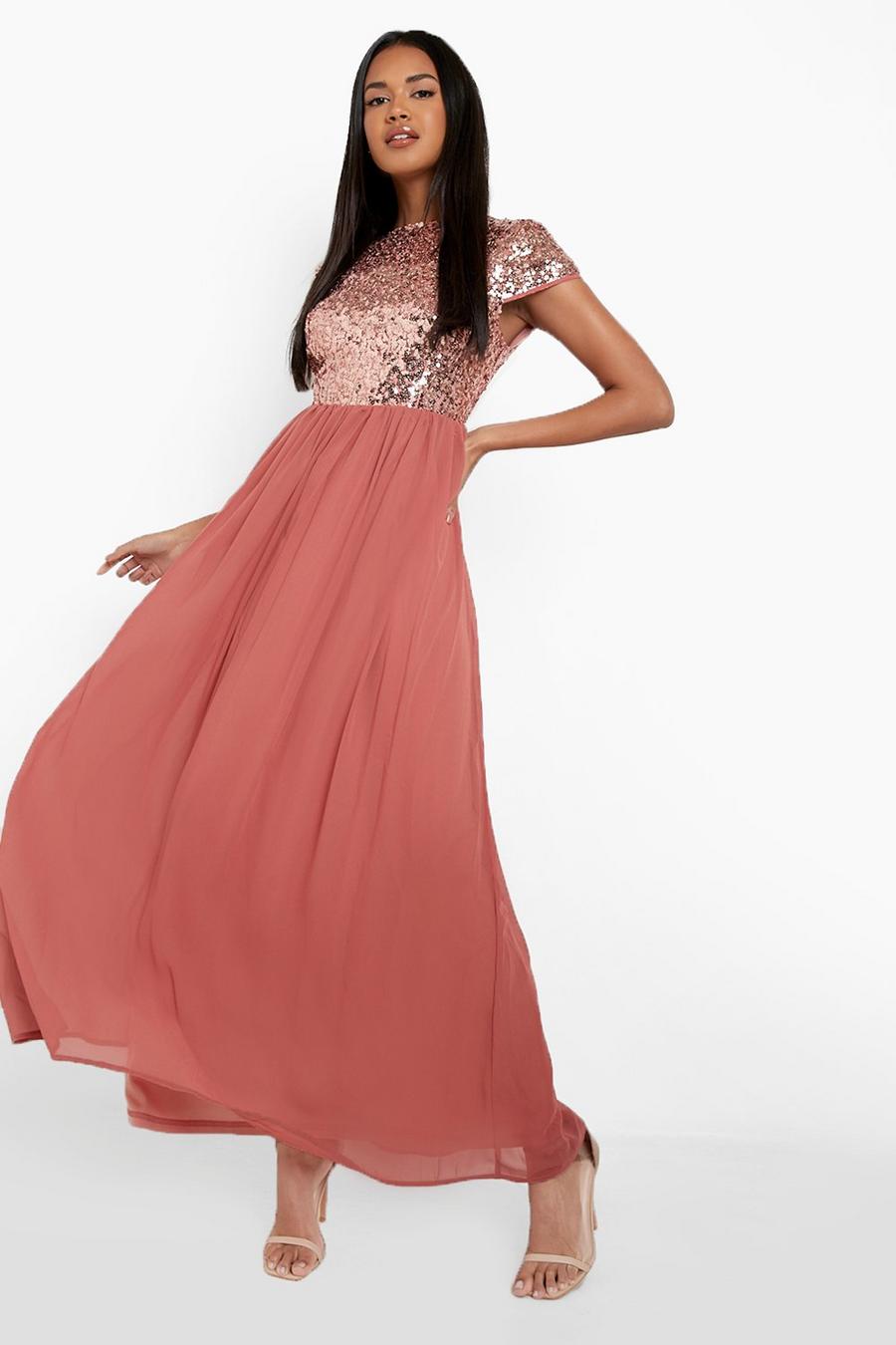 Rose Sequin Cap Sleeve Maxi Dress