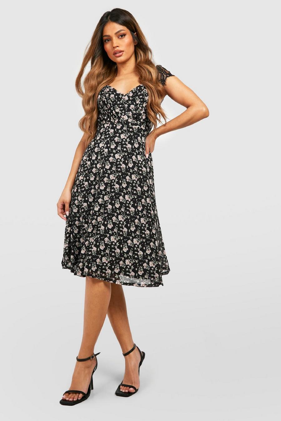 Black Floral Lace Midi Skater Dress