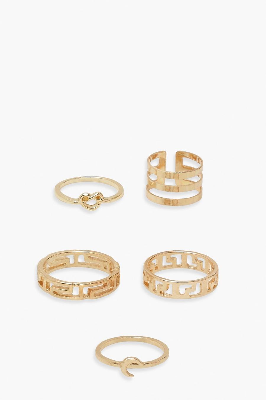 Pack de 5 anillos con formas variadas estilo romano, Gold image number 1