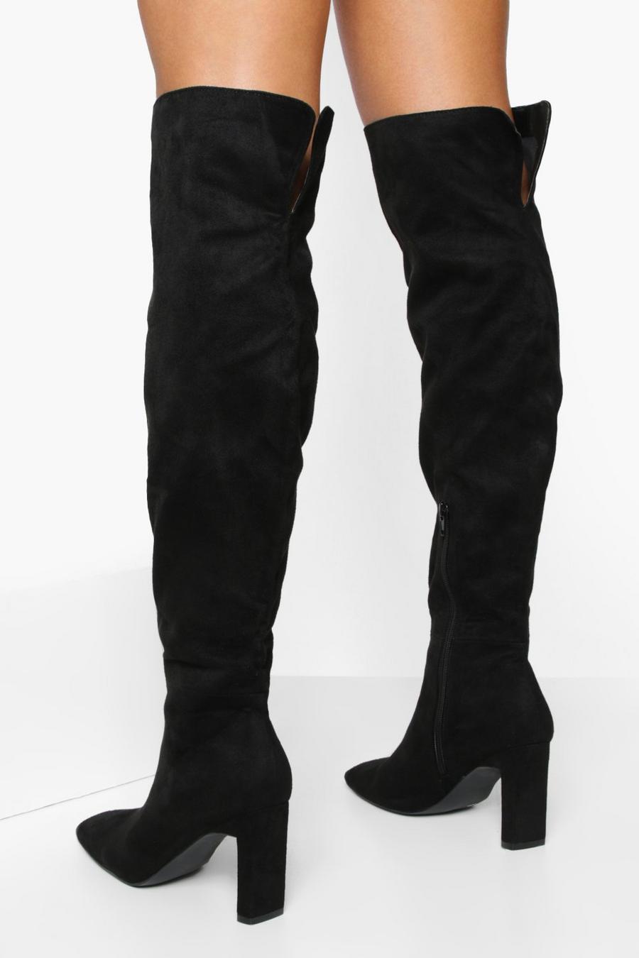 Black Square Toe Thigh High Boots
