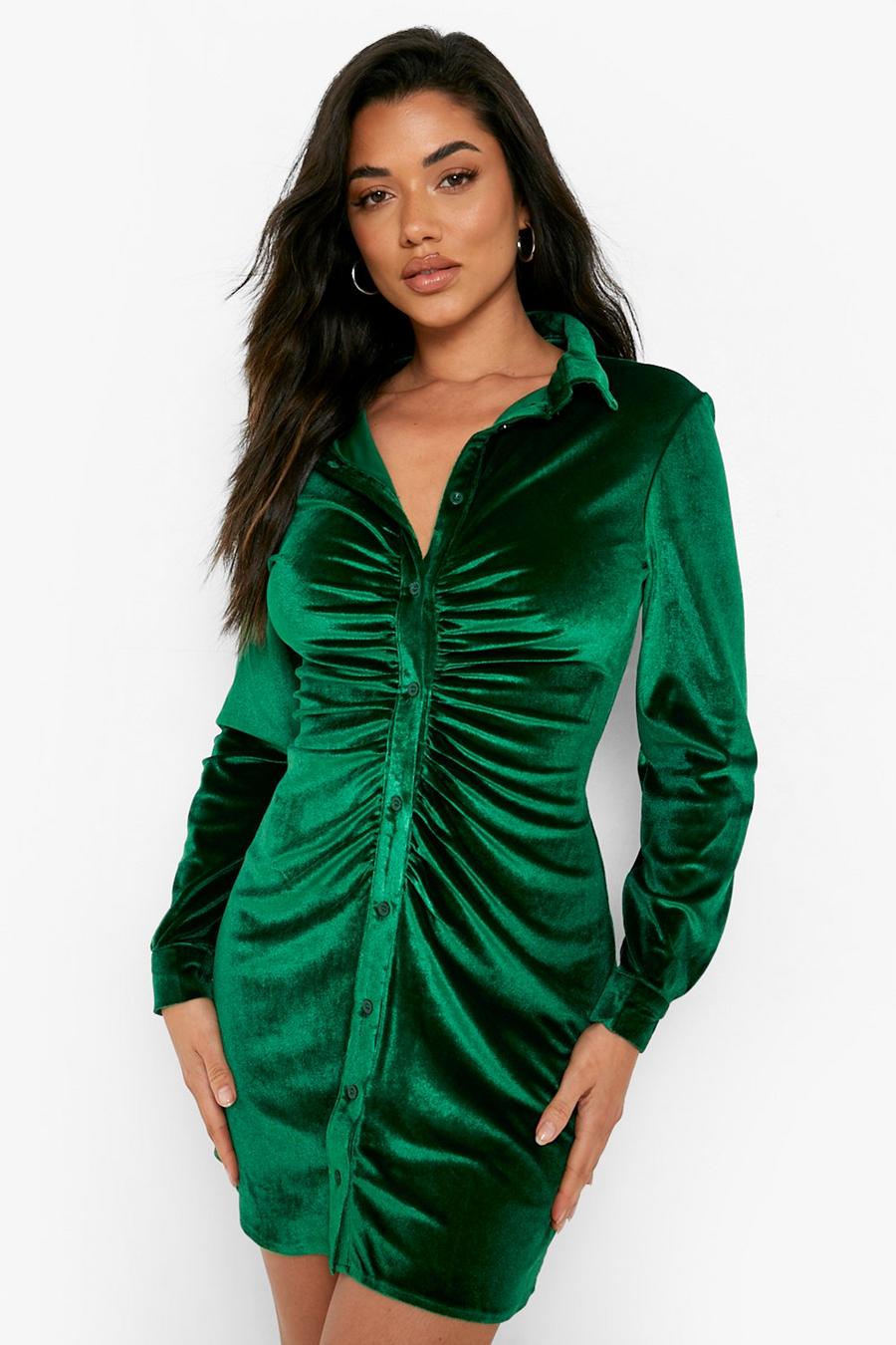 Emerald Velvet Ruched Detail Shirt Dress