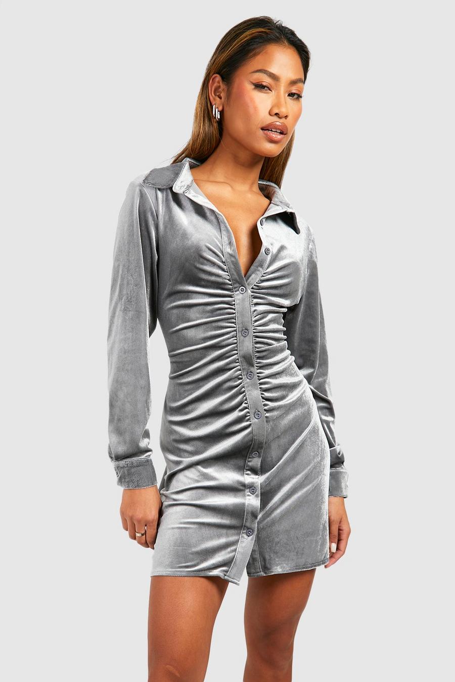 Silver Velvet Ruched Detail Shirt Party Dress