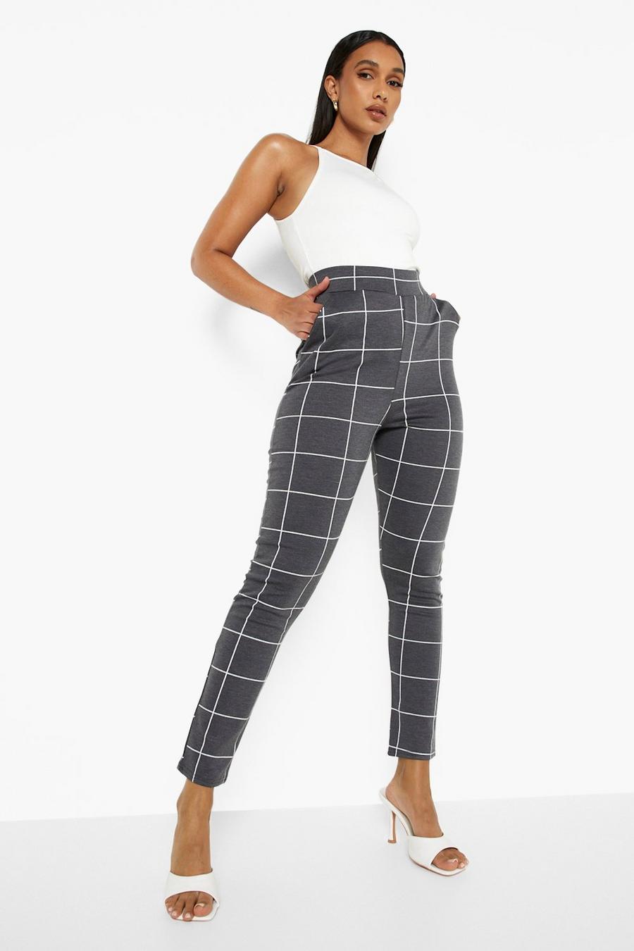Grey Check Print High Waisted Skinny Trousers image number 1