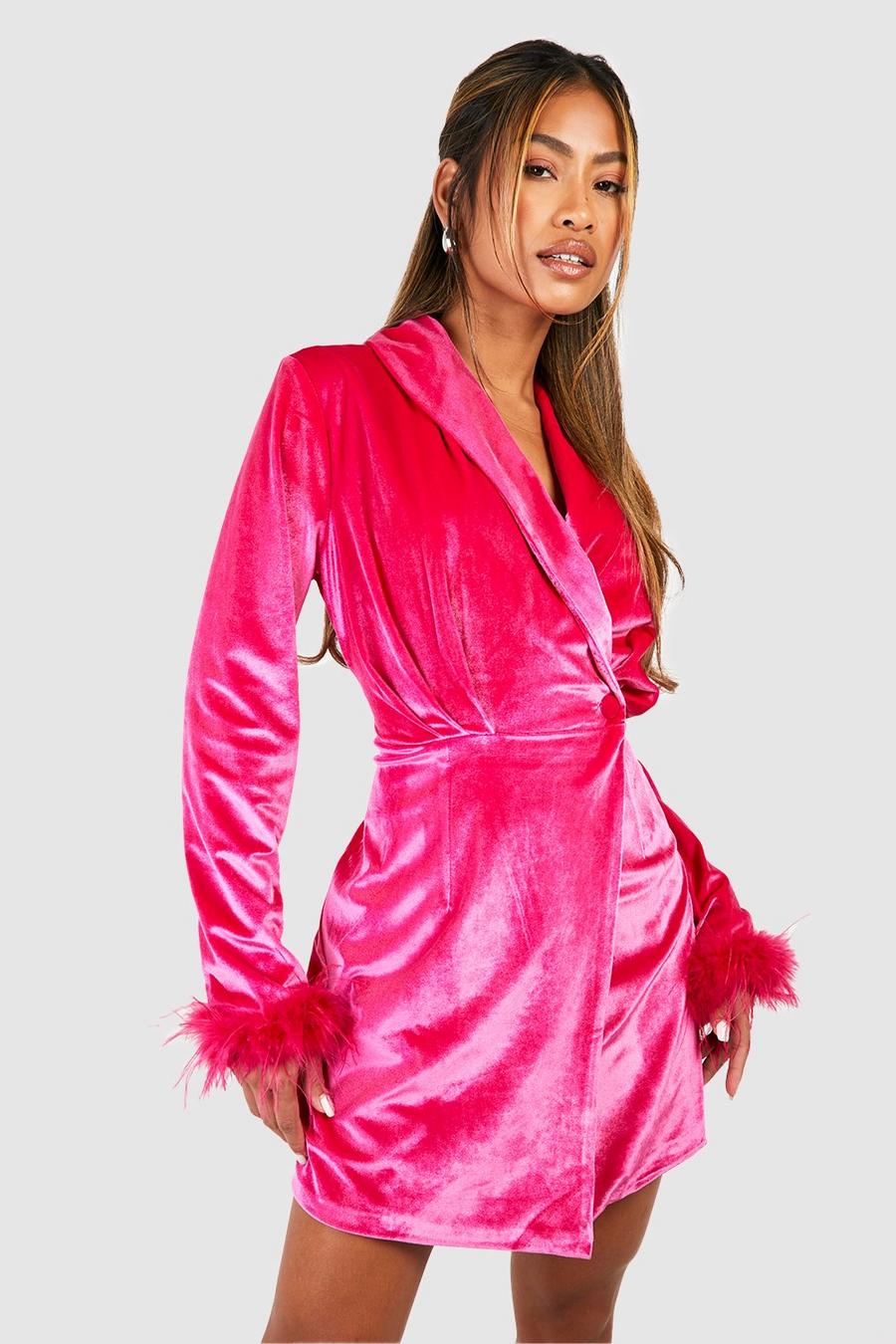 Vestido americana cruzado de terciopelo con ribete de plumas, Hot pink