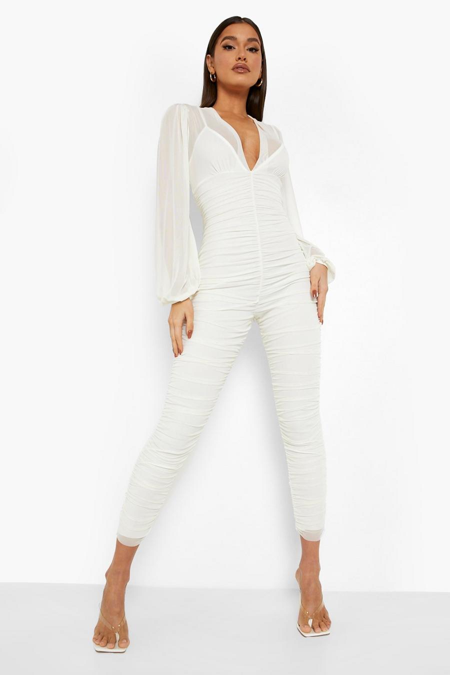 Stone beige Ruched Mesh Balloon Sleeve Jumpsuit