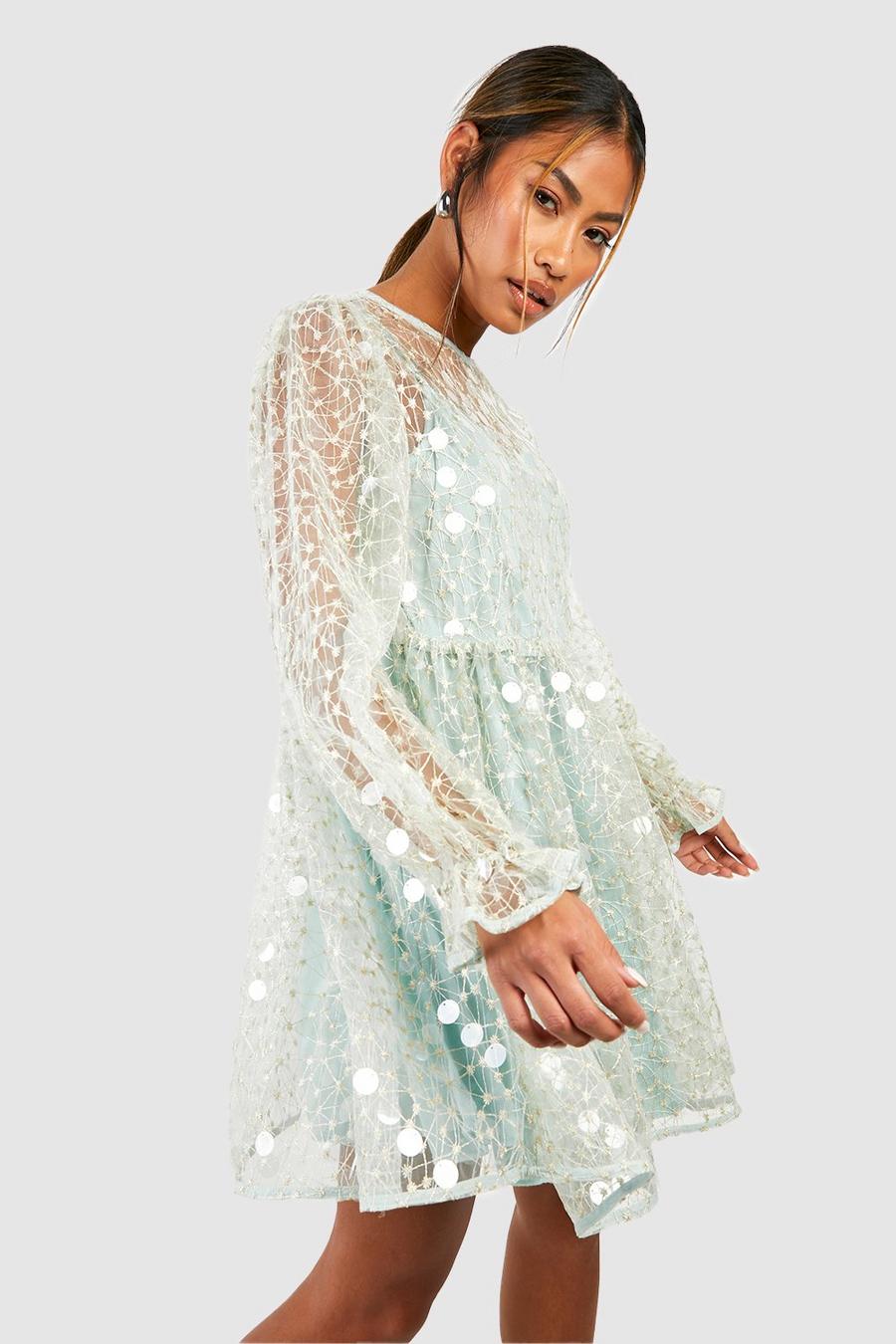 Champagne Disk Sequin Blouson Sleeve Smock Party Dress
