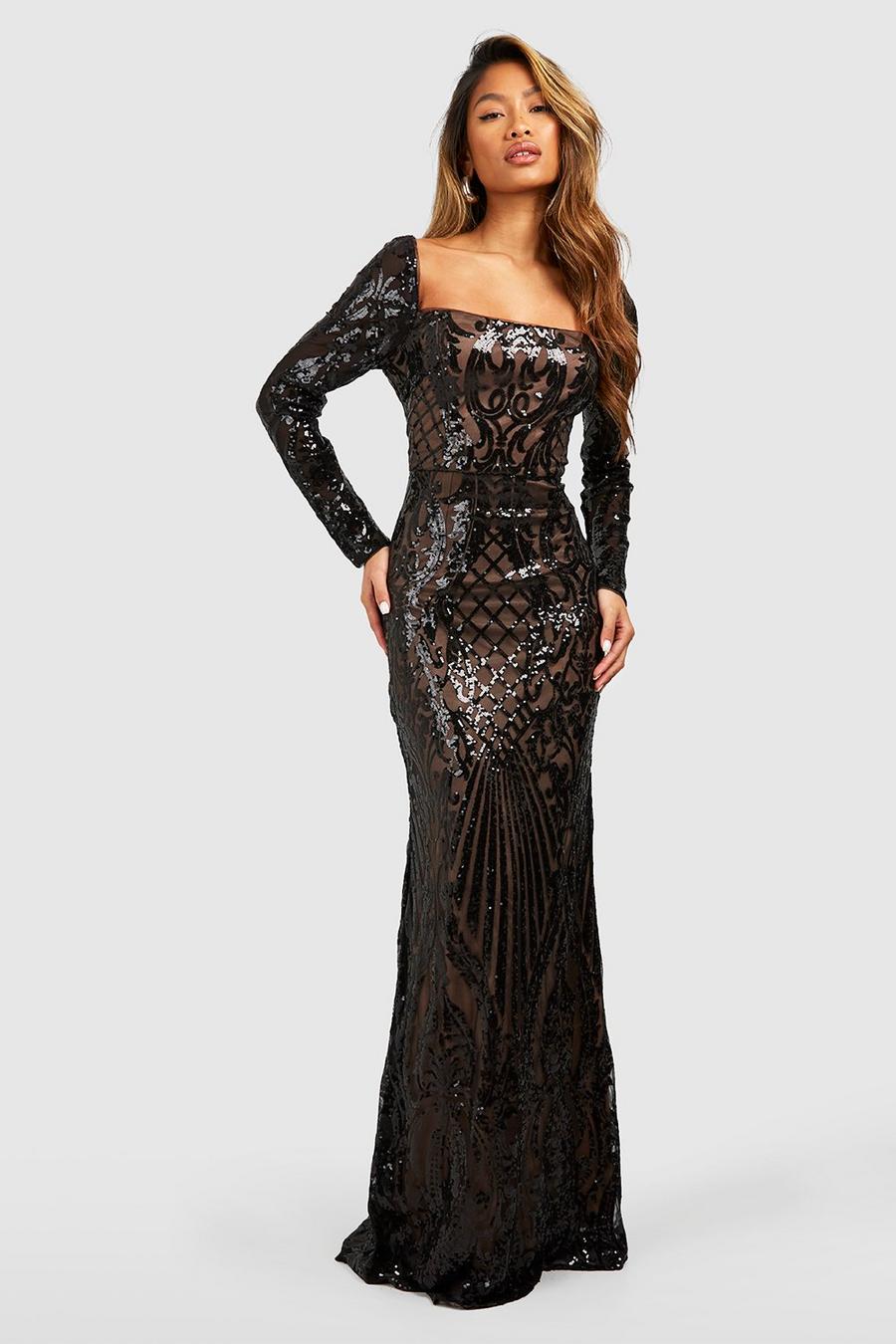 Black Damask Sequin Fishtail Maxi Party Dress