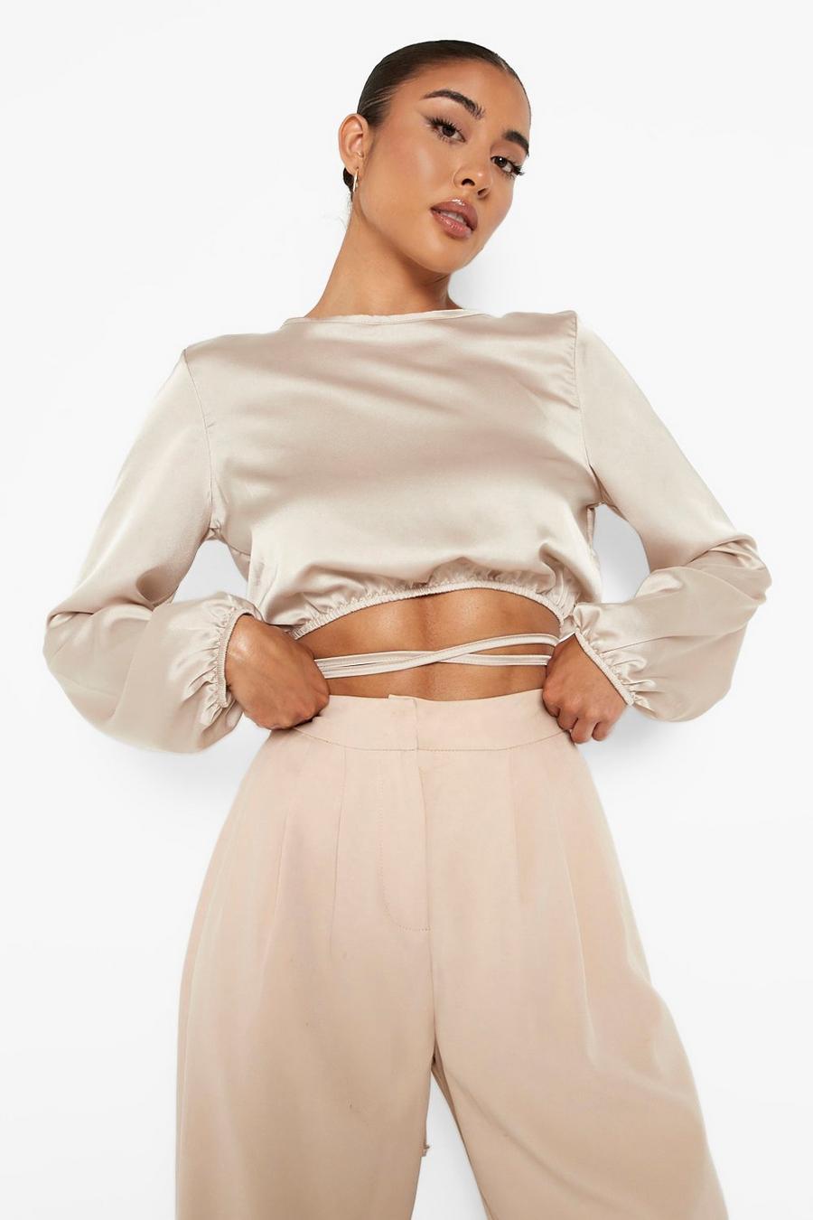 Stone Tie Waist Long Sleeve Crop Top