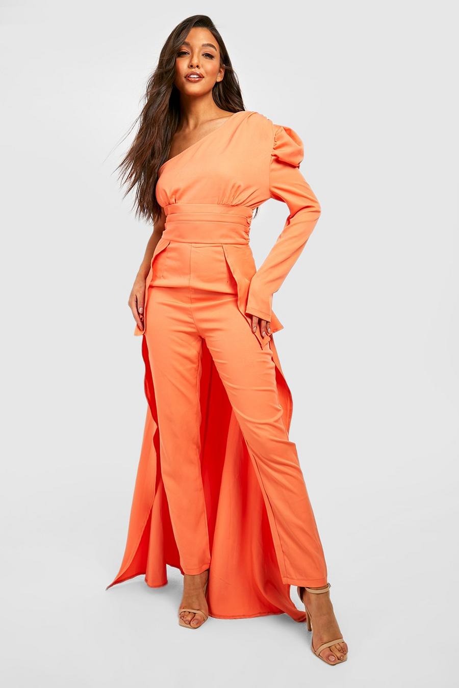 Orange Asymmetrisk jumpsuit med puffärm och drapering